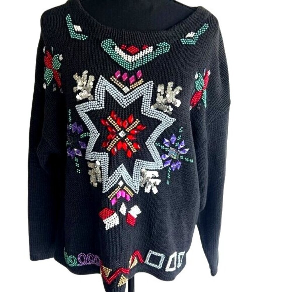 Marnie West size L large beaded holiday sweater vintage